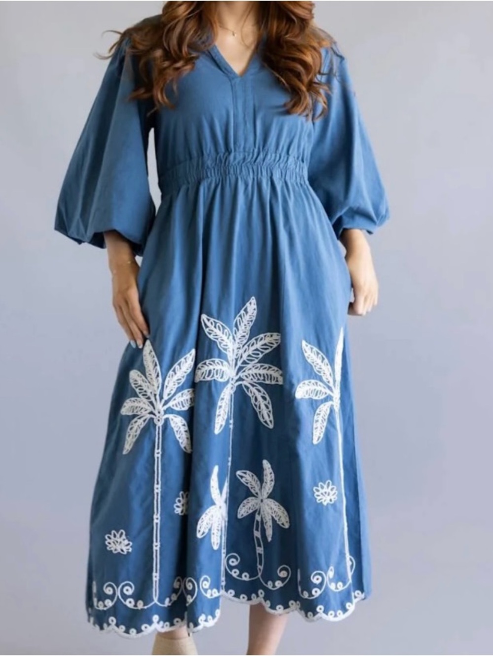 Simply Southern Blue Midi Dress with White Palm Embroidery xxl